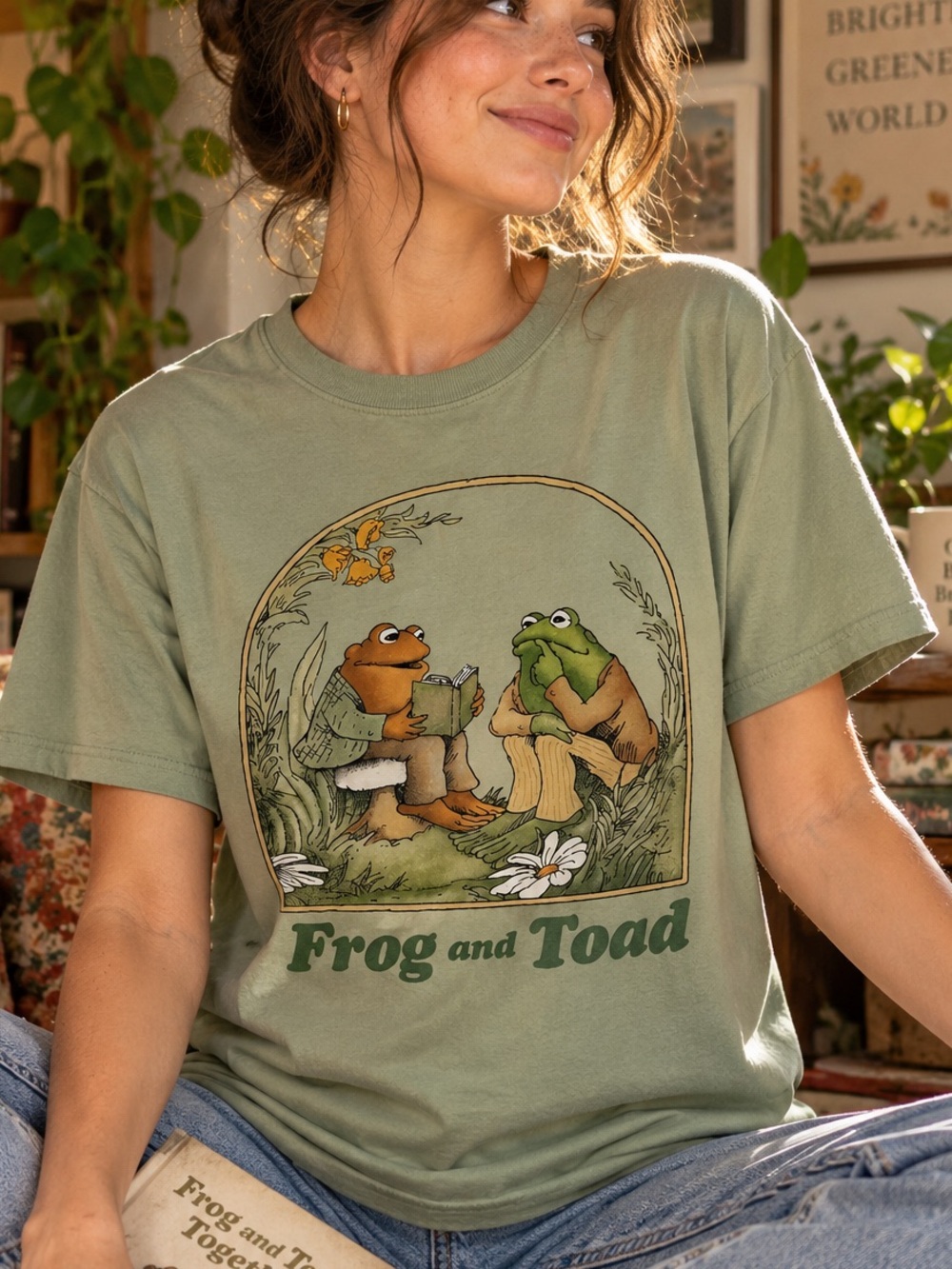 Frog and Toad Together Graphic Tee M Sage Green Arnold Lobel Bookish Cottagecore